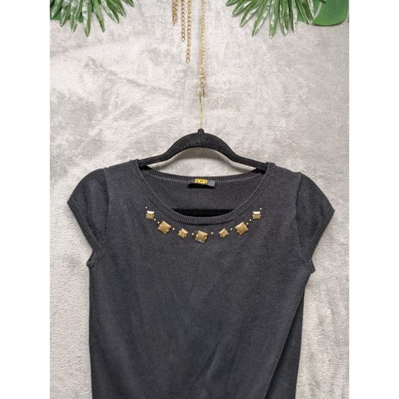 POPULATION Women Knit Top S(4-6) Black Cap Sleeve Embellished Beaded Pullover - Picture 4 of 9